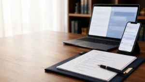 Telefon, laptop i uporządkowany wykaz materiałów cyfrowych przygotowywanych jako dowody w procesie kościelnym.